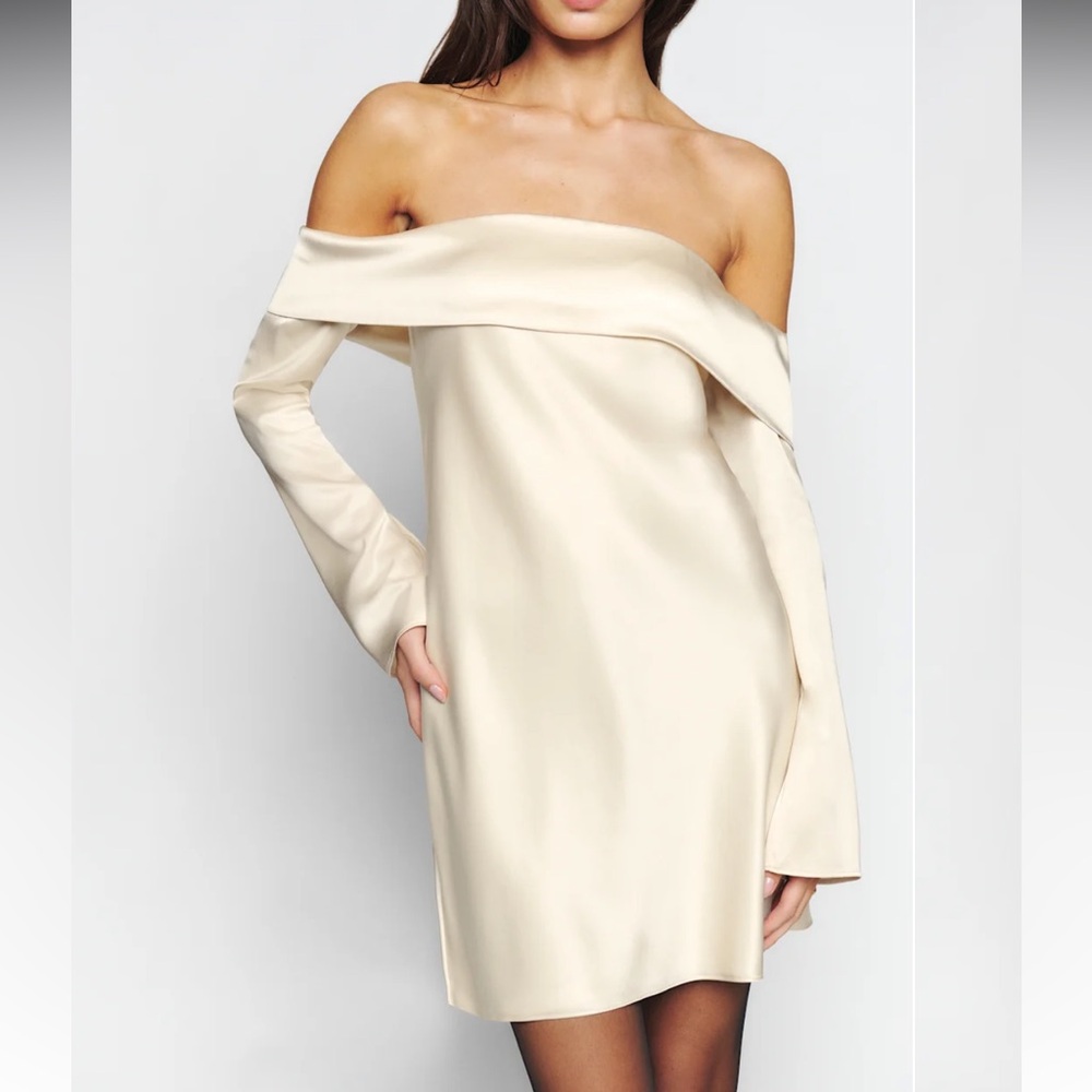 Reformation Off-Shoulder Mini Dress in Ivory Cream - Picture 2 of 3